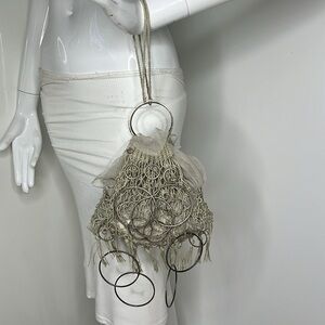 Rosamunda Knotted Cotton Crochet Mesh Bag Dark Silver Hoops Toole Lining - Italy